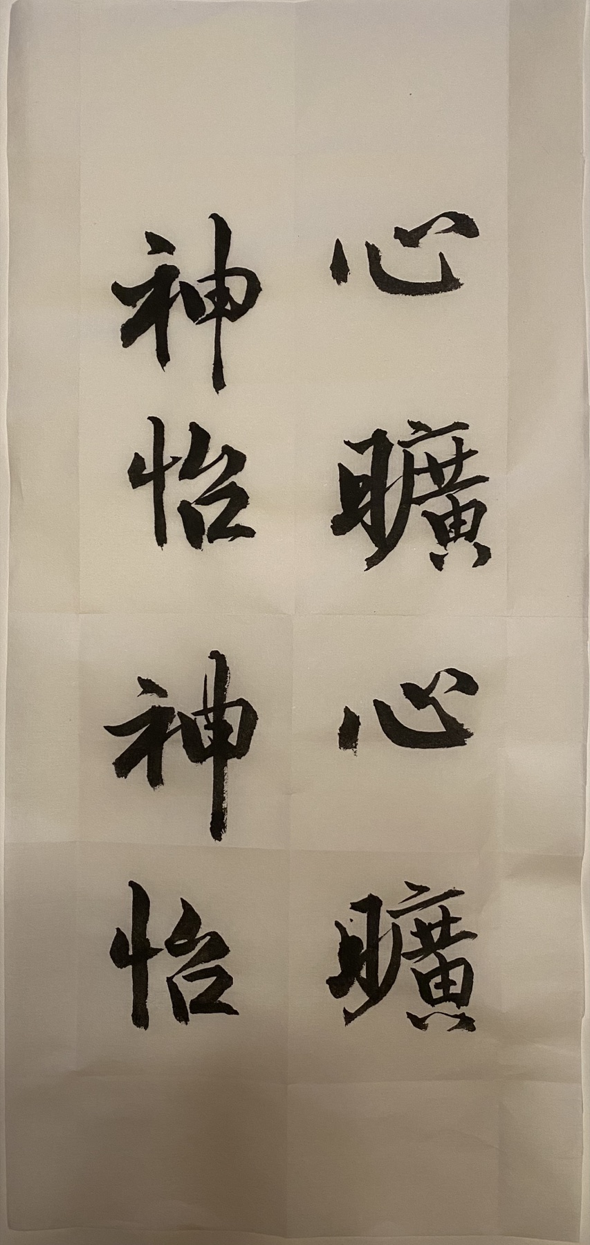 Vertical Chinese calligraphy sheet repeating the four-character phrase Xin Kuang Shen Yi, heart open and spirit at ease