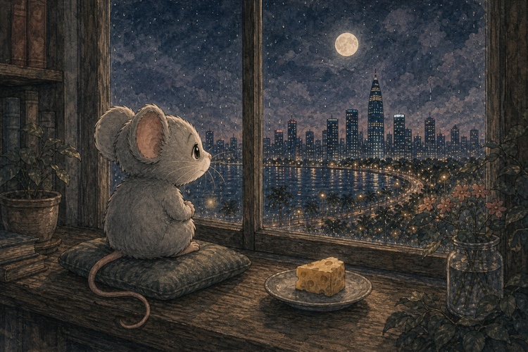 Mimi sitting beside untouched cheese and looking toward the moonlit Shenzhen skyline