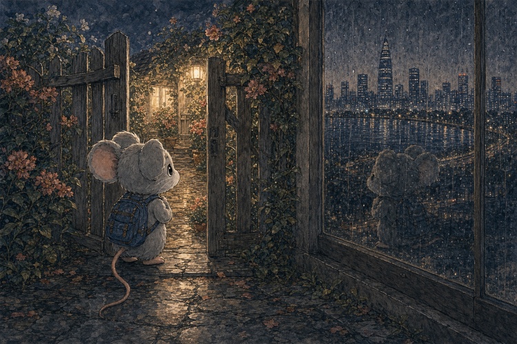 Mimi hesitating at an open garden gate beside a rain-darkened reflection