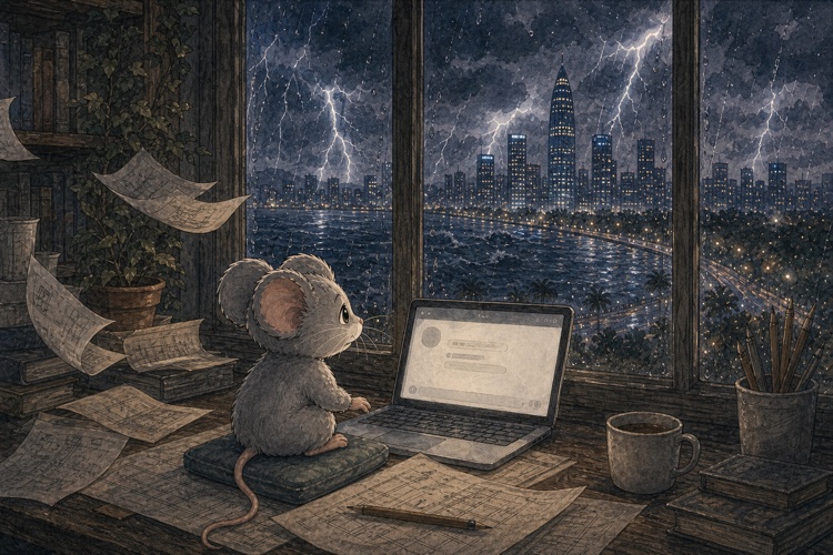 Mimi gathering courage beside a laptop during a violent Shenzhen thunderstorm