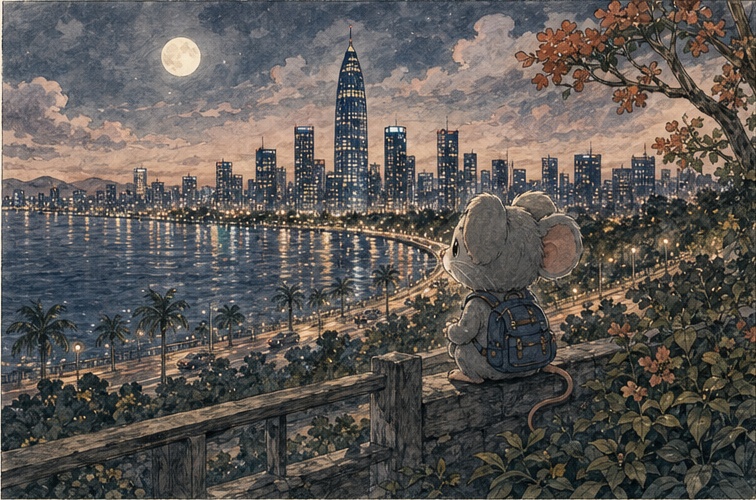 Mimi looking across Shenzhen Bay beneath the moon