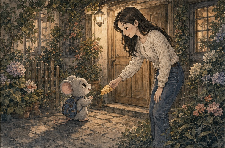 The young woman offering cheese to Mimi at the garden cottage