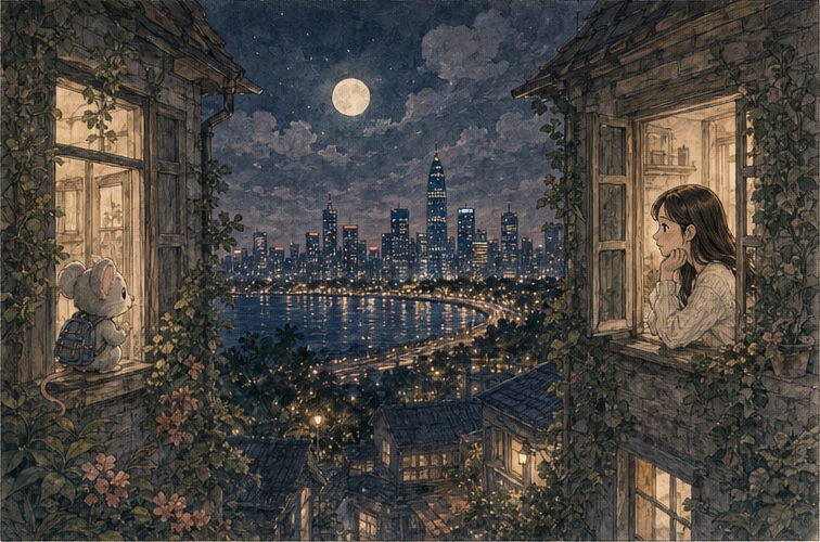 Mimi and Yueyue at distant windows under one moon