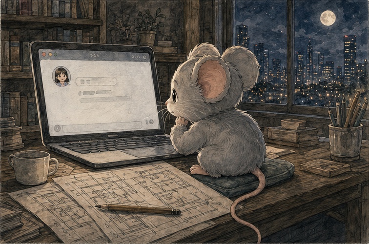 Mimi waiting beside a quiet laptop chat window